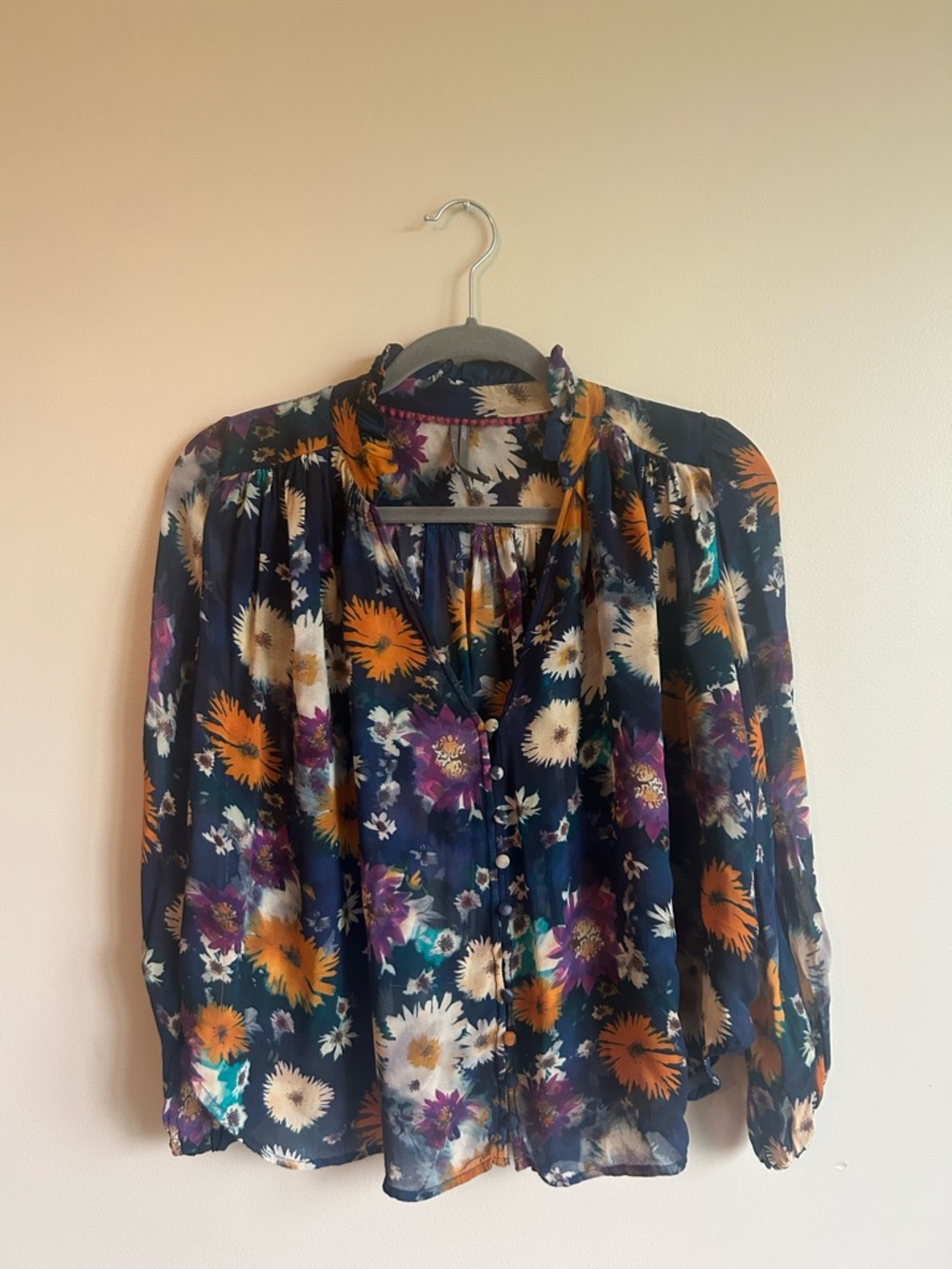 Anthropologie Navy Sheer Floral Button-Up Blouse with Orange & Purple Blooms